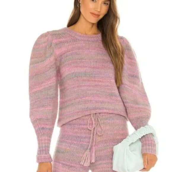 LoveShackFancy Aquarius Pullover Knit Sweater Crew Neck Long Puff Sleeve Pink M - Picture 1 of 13